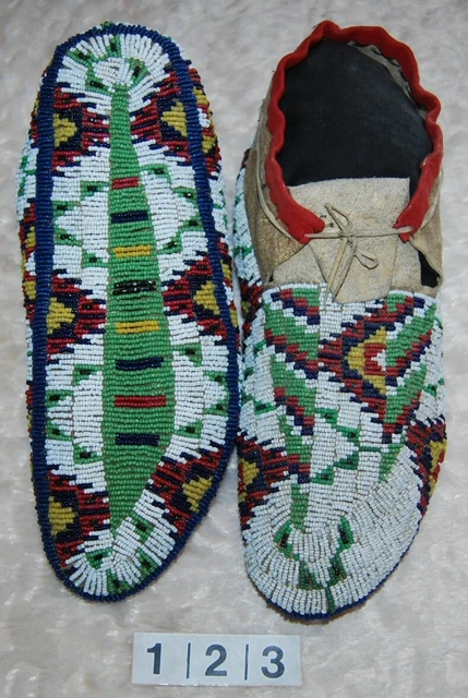 Native American Fully Beaded Sioux Indian 1880-1890, Sinew sewn, adult Moccasins