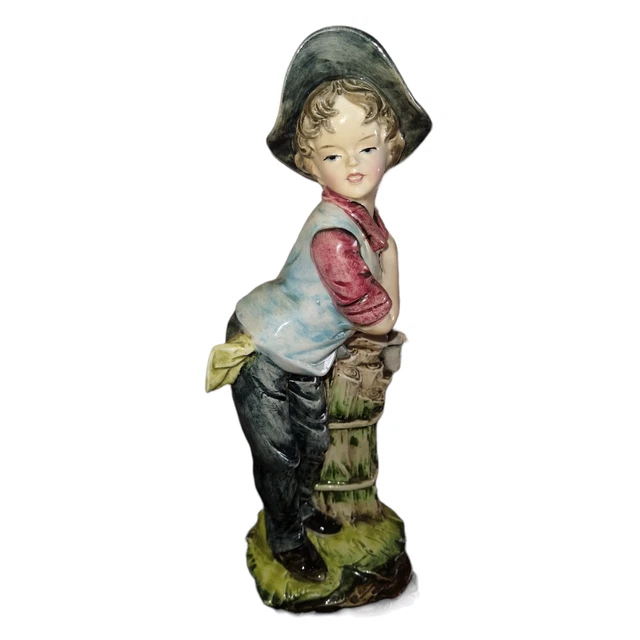 Vintage Boy Statue Chopping Wood Wales of Japan 1964 Figurine Hat with Feather