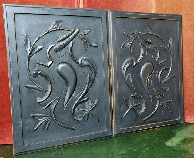 Pair scroll leaves shield carving panel Antique french architectural salvage 19"