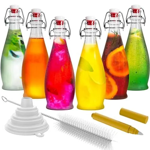 Set of 6 | 8.5 Oz. Glass Bottle Set with Swing Top Stoppers and Includes Bott...