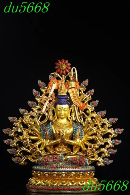 17"Tibet temple Bronze 24k gold gilt filigree Gem 1000 hands Tara guanyin statue