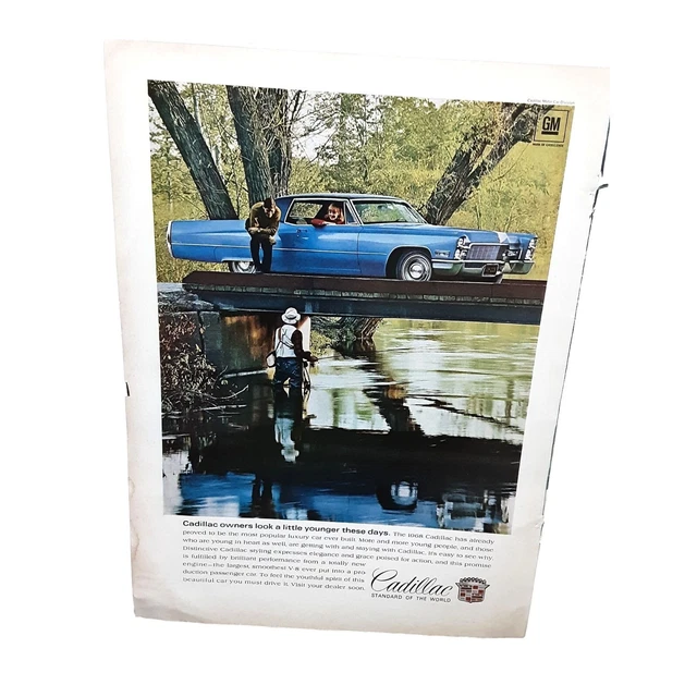 1968 Blue CADILLAC Original Magazine Ad Vintage Man FIshing Scene