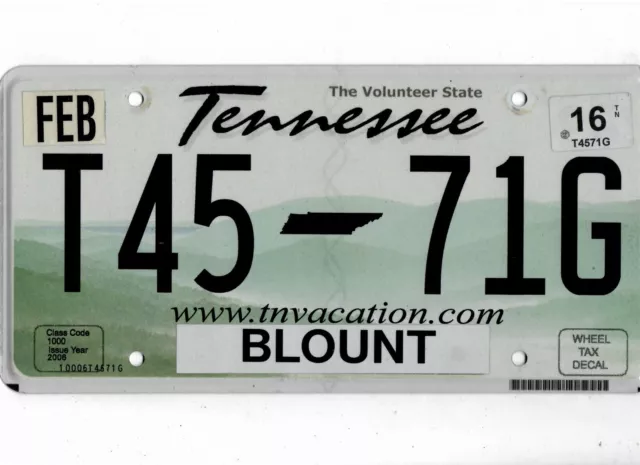 TENNESSEE passenger 2016 license plate "T45 71G" ***NATURAL***BLOUNT***