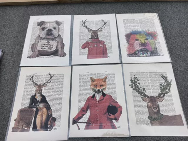 6x Hipster Animal Prints On Real Vintage Book Pages Artwork Ready To Frame