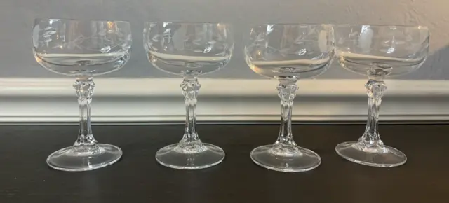 Lovely Vintage Martini Glasses Floral Etched Crystal Stemware 5 1/2” Glass Set 4