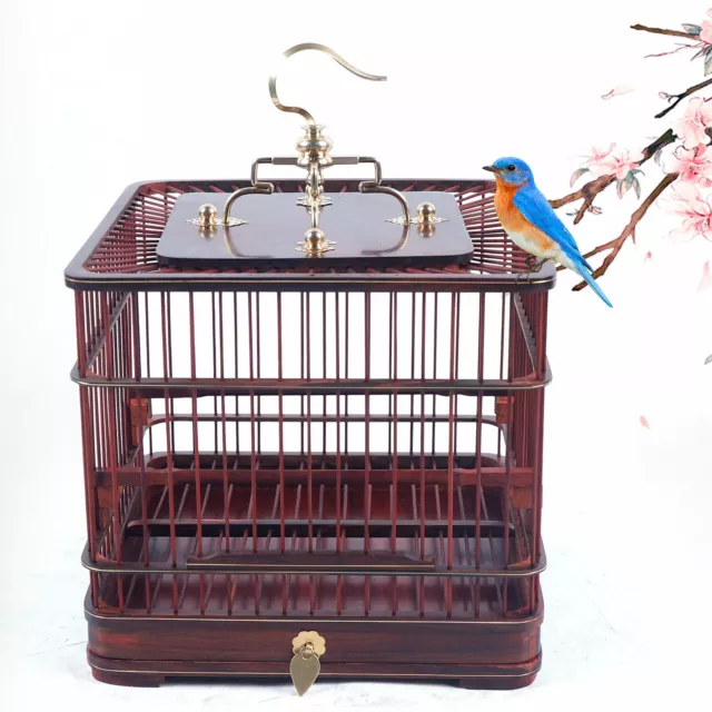 Asian Bird Cage Solid Square Dark Red Wood Carved Chinese Wooden Pet Nest Home