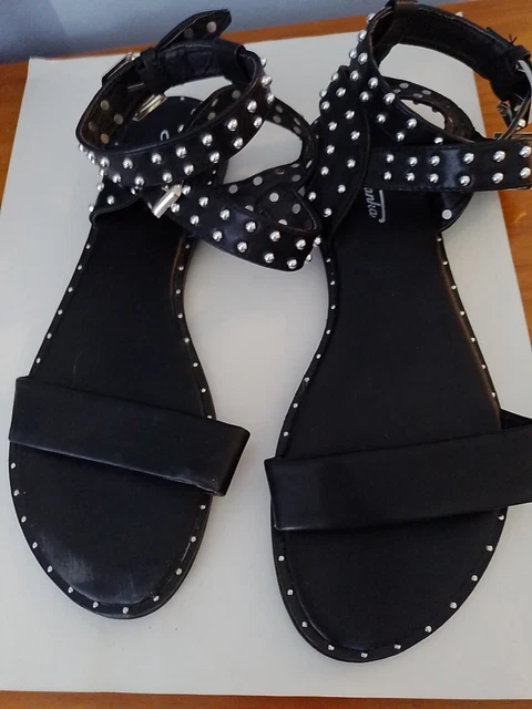 Women's Black With Silver Studs Flat Sandals Size UK 7
