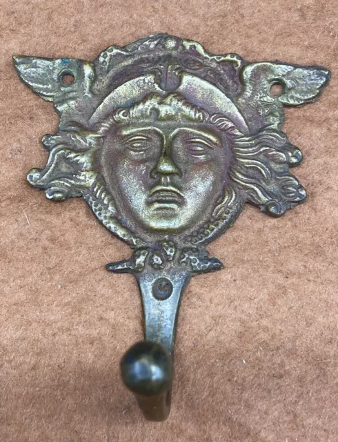 Antique Coat Hook Brass or Bronze Art Nouveau Design Face