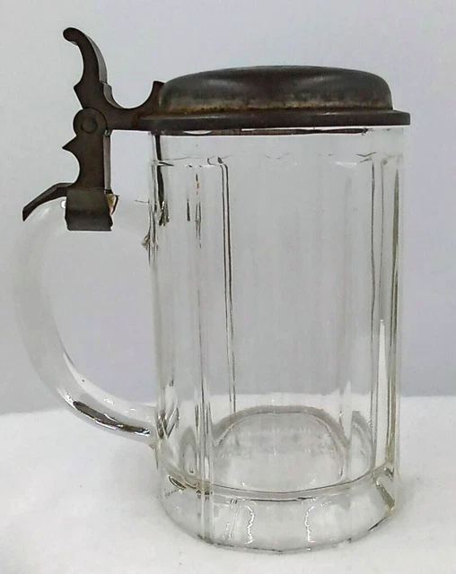 PSCHORR BRÄU Brewery Beer Stein Mug Munich Bavaria Germany Glass Pewter Lid Vtg