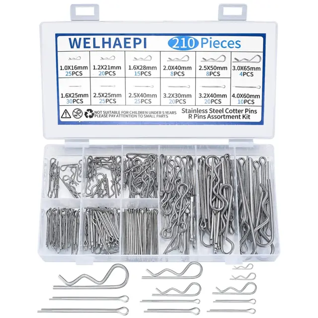 210 Pcs Cotter Pins Assortment Kit - Stainless Steel, 12 Sizes