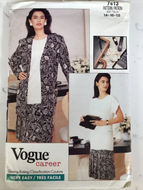Vintage 80s Vogue Career Pattern 7413 Misses Half-Size Jacket & Dress 14-18 CUT