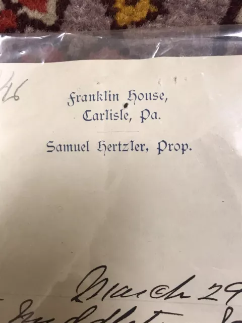 1902 Franklin House Carlisle PA Tavern bill