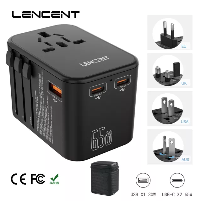 LENCENT GaN III Universal Travel Adapter with 2 PD65W Fast Charging Type C Port 2