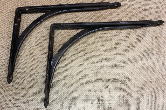 2 Old Shelf Support Brackets 6 X 8" Rustic Black Paint Vintage Industrial Steel