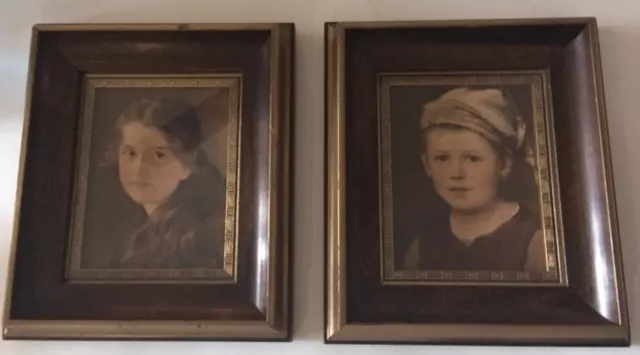 Hansel & Gretel 2 framed portraits by Shauss 6.5 x 7.5" leather back Boston Mass