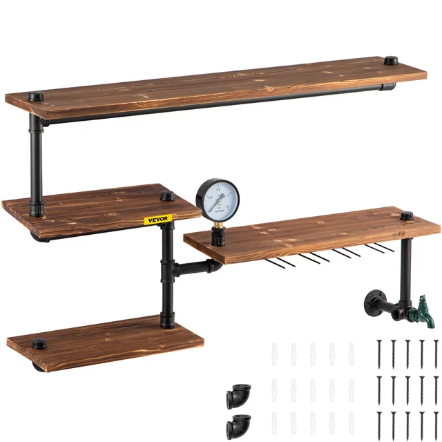 39.37"x8.66"x23.62" Industrial Iron Pipe Shelf Wall Floating Brackets 4 Tier