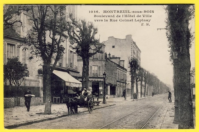 cpa 93 - MONTREUIL sous BOIS Bd de l'HÔTEL de VILLE ATTELAGE MULET Animée