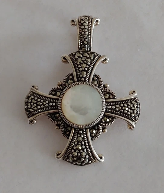 Vtg Sterling Silver Marcasite MALTESE CROSS ENHANCER MOP PENDANT 925 1.5" 10.2 g