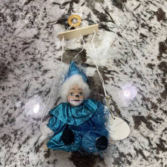 VTG Porcelain Blue Faced Clown on a Wooden Hanging Swing Collectible Home Decor 2