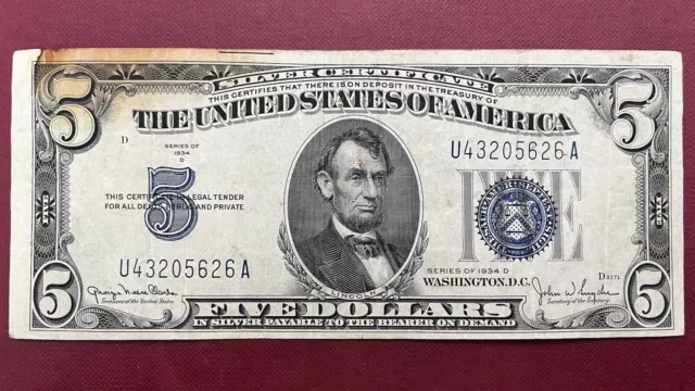 1934 D Five Dollar Silver Certificate $5 Bill Blue Seal Note Circulated #59029