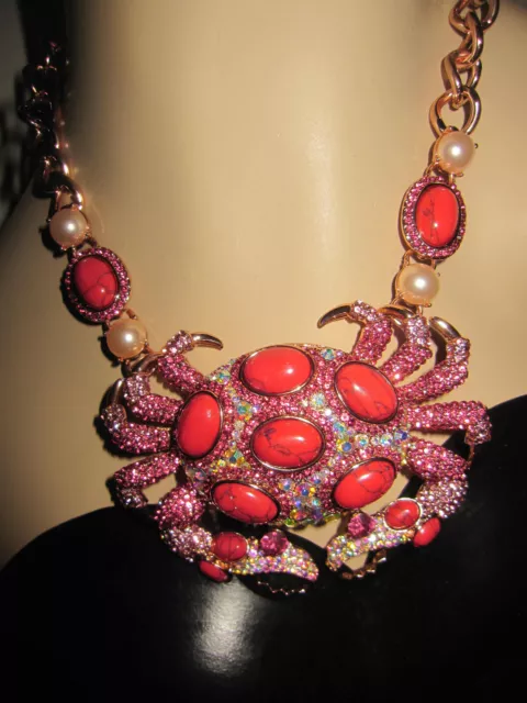 Betsey Johnson Boat House Lg Crab Rose Gold Bling Faux Pearl Statement Necklace