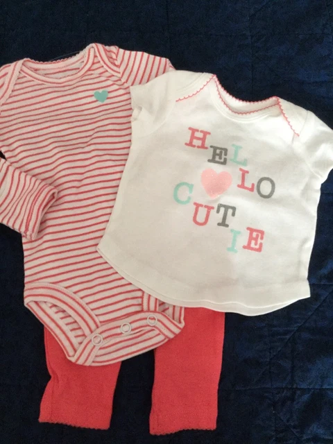 Newborn baby girl 3 pc Carter's pant, bodysuit,shirt "Hello" coral, white