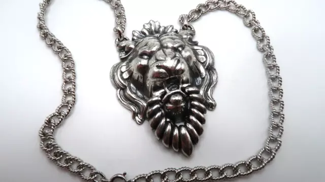 Vintage NAPIER Silver LION DOOR KNOCKER Statement Necklace 18" 3