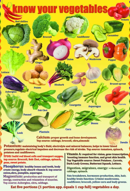 five a day VEGETABLES A2 laminated children kids educational kitchen wall Poster