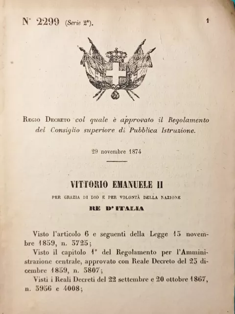 Decreto Regno d'Italia Regolamento Consiglio superiore Pubblica Istruzione 1874