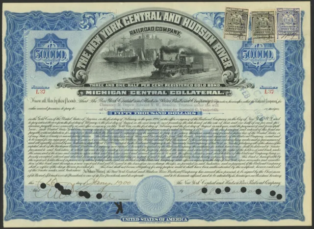 1898 N.Y. Central RR Co. $50,000 Vanderbilt bond-3, Secured Debt $100 (x2) & $50