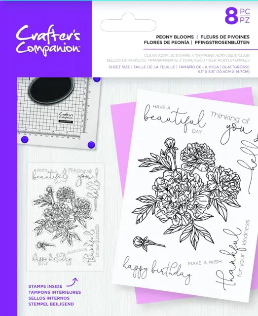 Crafters Companion Floral Decoupage Clear Acrylic Stamps-Peony Blooms, Us:One Si