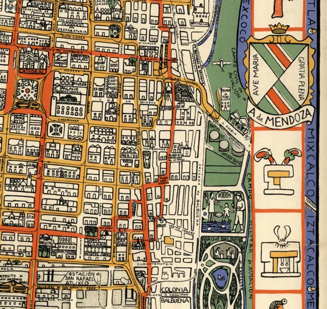 Early Pictorial Map Mexico City and Surroundings Aztec symbols Historic Poster 2