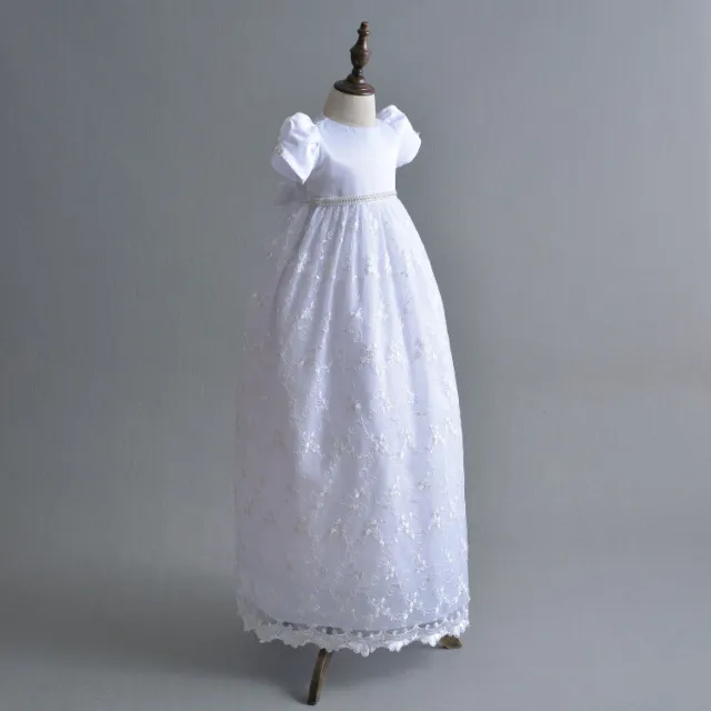 Wunderschönes lang getauftes Kleid mit Perlenstickerei Baby Spitze Taufkleid Kleid 2
