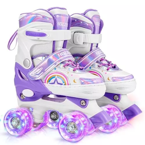 Hozzen Girls Roller Skates for Kids - 4 Size Adjustable Light Up Quad Skates for