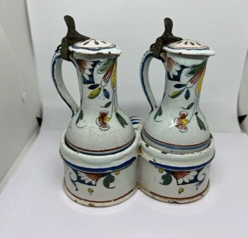 BEAU SERVITEUR ANCIEN Faience De Sarreguemines Huilier Vinaigrier Decor