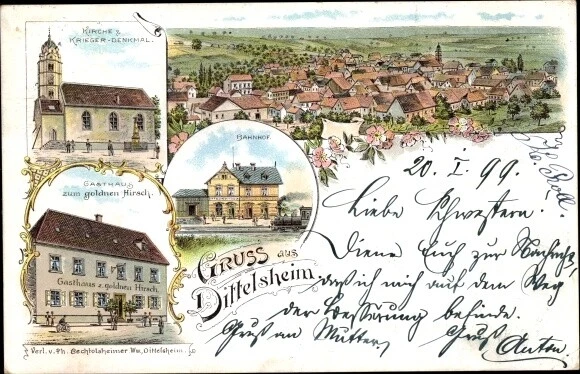 Litho Dittelsheim Heßloch im Wonnegau, Kirche, Kriegerdenkmal,... - 3018024