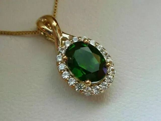 14K Yellow Gold Plated Oval Cut Natural Emerald Women Halo Pendant Necklace