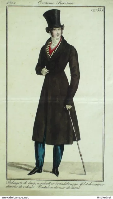 Gravure de mode Costume Parisien 1822 n°2055 Redingote drap homme à shall canne