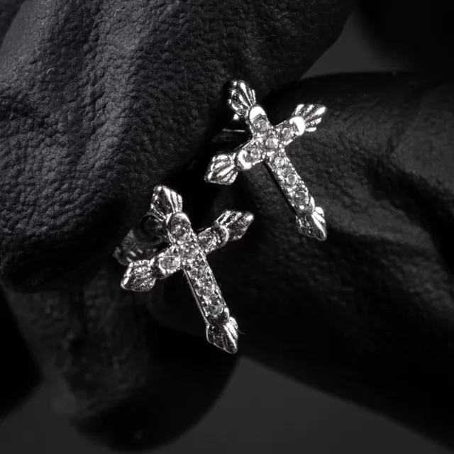 White Gold Plated Small Sterling Silver Unisex Iced Cz Mini Cross Stud Earrings