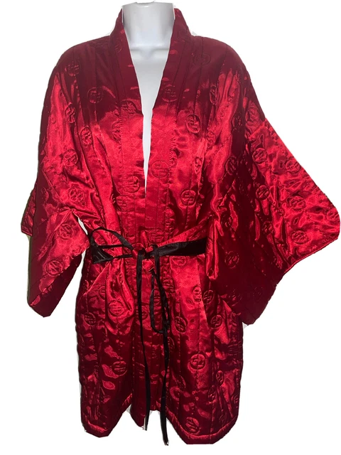 Vintage CAROL LITTLE INTIMATES  Red Embroidered Satin Quilted Kimono Robe  XL