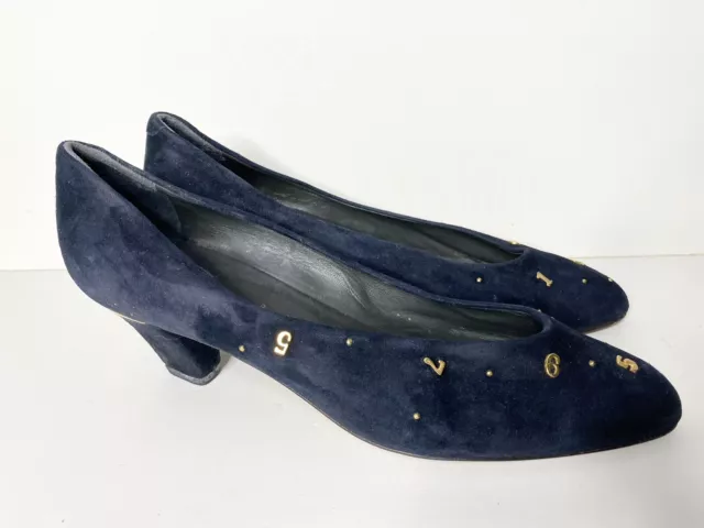 Vintage 80s MARIPE Sz 40 / 8.5 Navy Blue Suede Gold Embellishment Heels Shoes