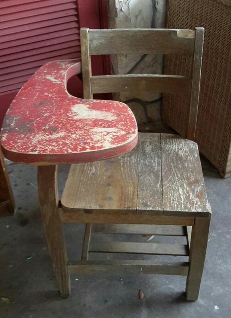 Antique Vintage Solid Wood Child's School Desk Chair Attached Table Understorage