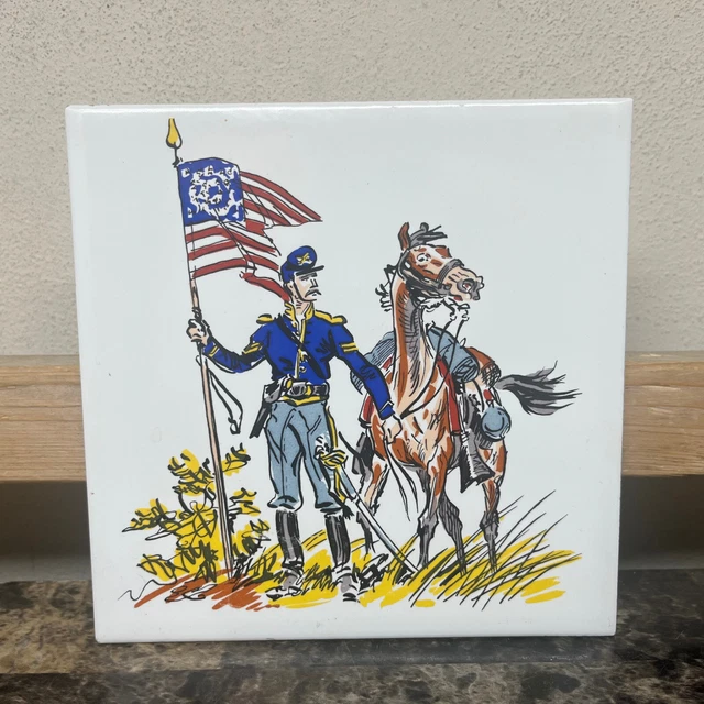 ScreenCraft Hand Decorated Ceramic Tile 6" x 6" Cork Back Civil War Soldier Vtg