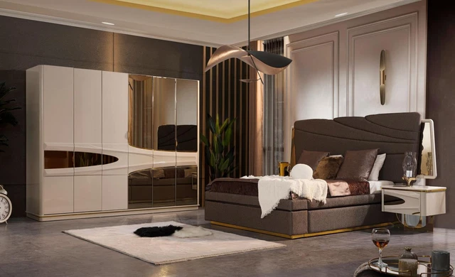 Juego dormitorio cama doble cama de lujo gris moderno juego 4 piezas beige