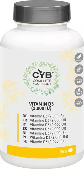 CYB | Vitamina D3 2000 UI - 50Μg Di D3 Puro Ad Alto Dosaggio - 365 Compresse 1 A