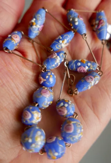 Delightful, Vintage Venetian  Blue Wedding Cake Glass Bead Necklace On Rg Links