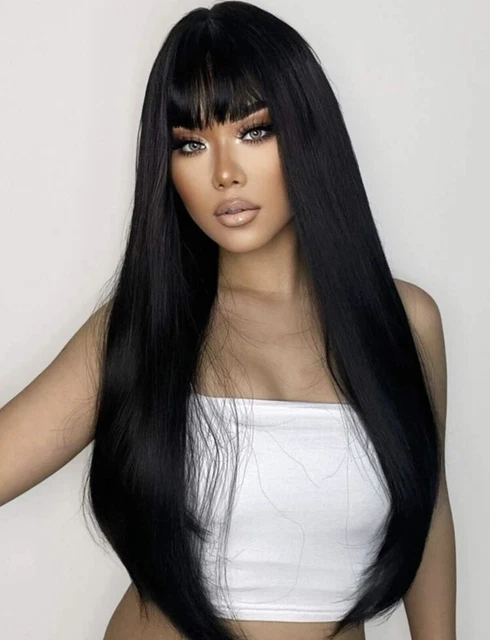 Perruque Synthétique Noire Longue Avec Frange - Style Lisse Et Naturel - Neuf + 4 Bonnets Offerte
