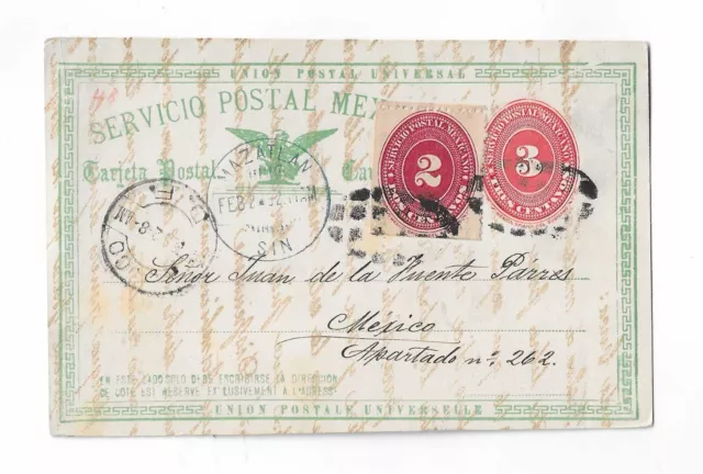 Mexico 1892 3 centimos postal card uprated with a 2 centimos
