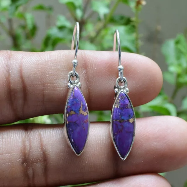 Purple Copper Turquoise Handmade Genuine 925 Sterling Silver Dangle Earrings