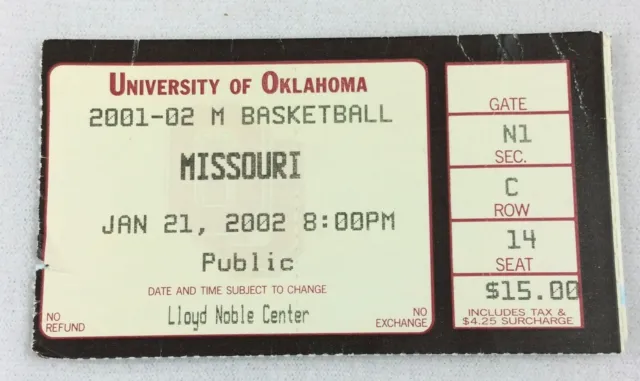 2002 01/21 Missouri Tigers at Oklahoma Sooners Basketball Ticket Stub